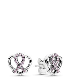 BCA ribbon and heart silver stud earrings with pink cubic zirconia
