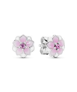 Magnolia silver stud earrings with pink cubic zirconia. white and shaded pink enamel