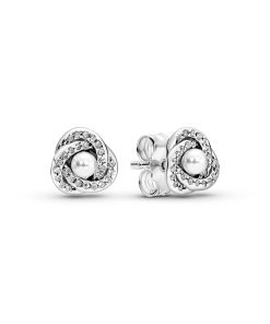Silver stud earrings with clear cubic zirconia and white crystal pearl
