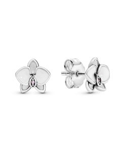 Orchid silver stud earrings with orchid cubic zirconia and white enamel