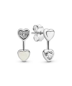 Heart silver earrings with clear cubic zirconia and silver enamel