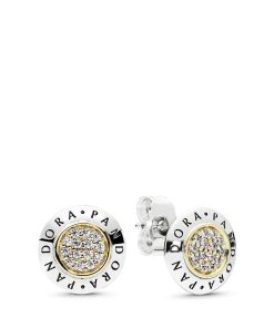 PANDORA logo silver stud earrings with 14k and clear cubic zirconia