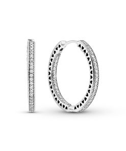 Hoop silver earrings with clear cubic zirconia. 27 mm