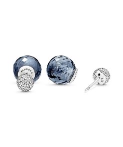 Double-sided silver earrings with clear cubic zirconia and midnight blue crystal