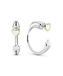 Two hearts silver hoop earrings with 14k