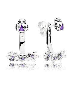 Ladybug silver stud earrings with lilac crystal. purple cubic zirconia. purple enamel and detachable floral earring jackets