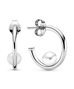 Silver hoop earrings with white freshwater cultured pearl