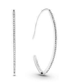 Silver oval hoop earrings with clear cubic zirconia