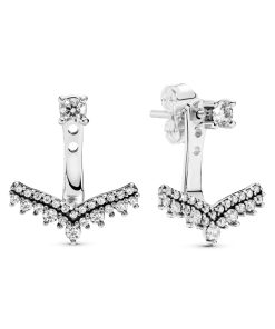 Silver stud earrings with detachable earring jackets and clear cubic zirconia