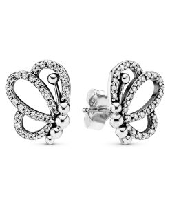 Openwork butterfly silver stud earrings with clear cubic zirconia