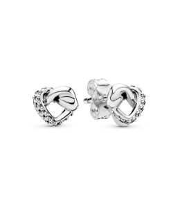 Knotted hearts silver stud earrings with clear cubic zirconia