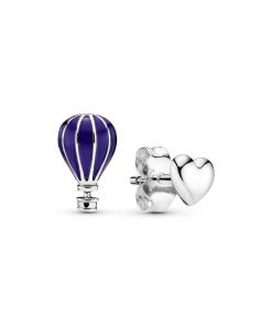 Air balloon and heart silver stud earrings with blue enamel