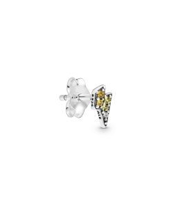 Lightning bolt sterling silver stud earring with yellow. golden orange crystal and clear cubic zirconia