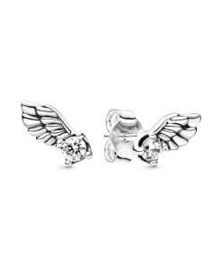 Angel wing sterling silver stud earrings with clear cubic zirconia