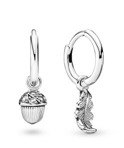 Acorn and leaf sterling silver hoop earrings with clear cubic zirconia