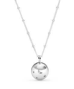 Moon and star openable silver pendant with clear cubic zirconia and necklace