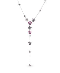 Flower silver Y-necklace with cerise crystal. pink cubic zirconia. pink synthetic sapphire and pink enamel