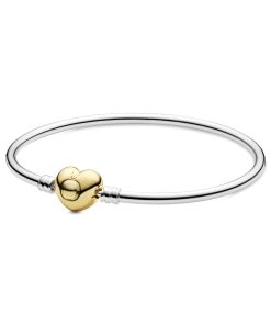 Silver bangle with 14k Gold Plated heart clasp