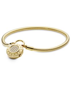 14k Gold Plated snake chain bracelet and PANDORA logo padlock clasp with clear cubic zirconia