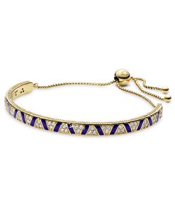 14k Gold Plated sliding bracelet with clear cubic zirconia and blue enamel