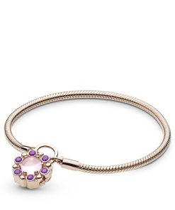PANDORA Rose snake chain bracelet and padlock clasp with pink mist and royal purple crystal