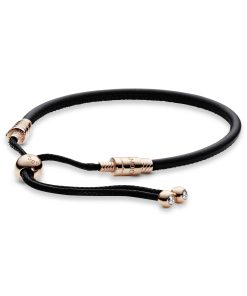 Pandora Rose sliding bracelet in black leather. waxed cord with clear cubic zirconia