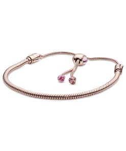 Pandora Moments Pink Peach Blossom Flower Snake Chain Slider Bracelet