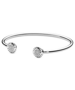 PANDORA logo silver open bangle with clear cubic zirconia