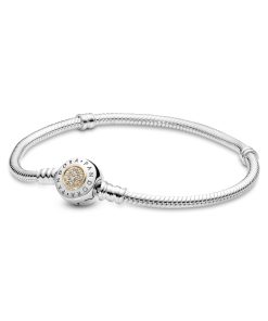 PANDORA logo silver bracelet with 14k and clear cubic zirconia