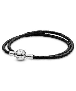 Silver leather bracelet. double. black