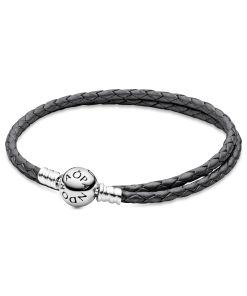 Silver leather bracelet. double. silver grey