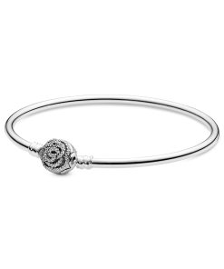 Disney Belle Enchanted rose silver bangle with clear cubic zirconia and engraving