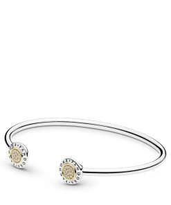 PANDORA logo silver open bangle with 14k and clear cubic zirconia