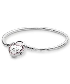 Snake chain silver bracelet and PANDORA logo padlock clasp with fancy fuchsia pink cubic zirconia