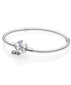 Snake chain silver bracelet with flower and ladybug clasp with lilac crystal. purple cubic zirconia and purple enamel