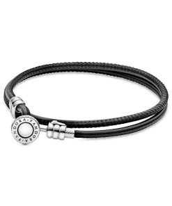 Silver leather bracelet. double. black and clear cubic zirconia