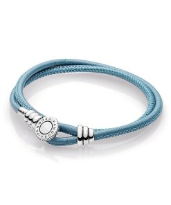 Silver leather bracelet. double. turquoise and clear cubic zirconia