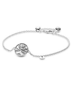 Family tree silver bracelet with clear cubic zirconia and white enamel