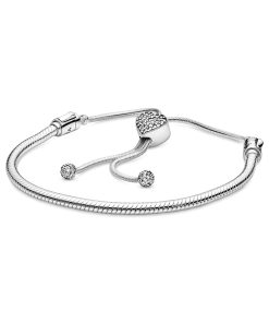 Snake chain sterling silver slider bracelet and heart clasp with clear cubic zirconia