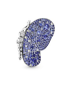 Butterfly silver brooch with royal blue crystal and clear cubic zirconia