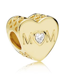 Mum heart 14k Gold Plated  charm with clear cubic zirconia