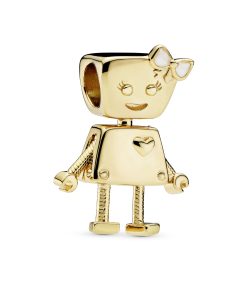 Robot girl 14k Gold Plated  charm with silver enamel