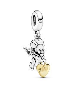 Cupid and heart 14k Gold Plated and silver dangle with clear cubic zirconia