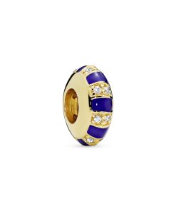 14k Gold Plated spacer with clear cubic zirconia and blue enamel