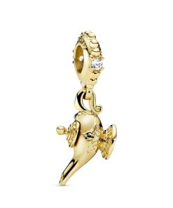 Disney Genie lamp 14k Gold Plated  dangle with clear cubic zirconia and mint green enamel