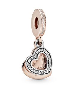 PANDORA Rose heart dangle with engraving Beloved Mother and silver heart with clear cubic zirconia