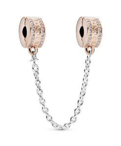 PANDORA Rose logo safety chain with clear cubic zirconia. silicone grip and silver chain
