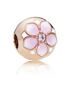 Magnolia 14k Rose Gold-plated clip with blush pink crystal. white and shaded pink enamel