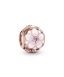 Magnolia 14k Rose Gold-plated charm with blush pink crystal. white and shaded pink enamel