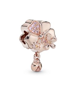 Flower and ladybug 14k Rose Gold-plated charm with pink crystal. yellow and pink cubic zirconia and pink enamel